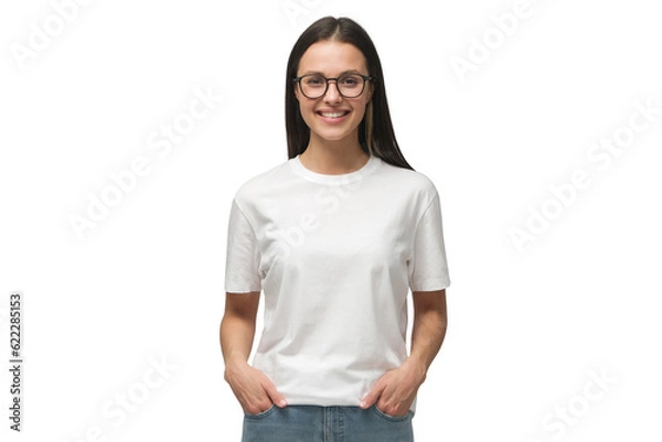 Fototapeta Young smiling woman standing with hands in pockets, wearing blank white tshirt with copy space