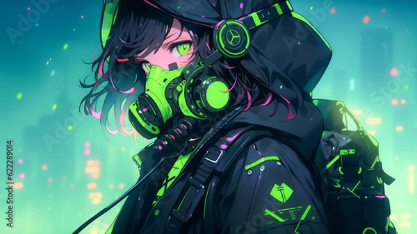 Fototapeta Anime girl character with a green colour theme. Created with Generative AI.