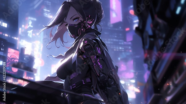 Obraz Cyberpunk anime character. Cyborg warrior ninja girl, intense look. Created with Generative AI.