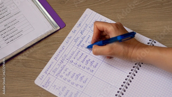 Obraz Learning French. The hand writes the grammar of a foreign language in a notebook. New knowledge and education. Photo closeup