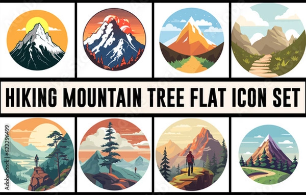Obraz Hiking mountain tree icon vector set, Hiking background vector, Hiking flat Illustration, mountain illustration
