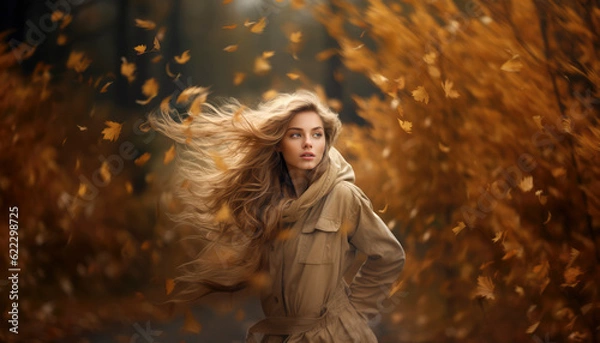 Fototapeta Fashion woman dressed in autumn colors in the forest at fall season. Generative AI illustrations