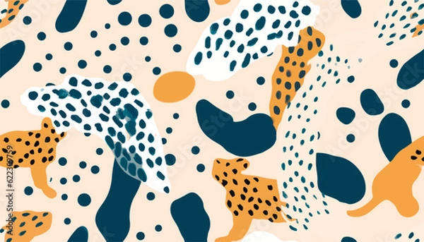 Fototapeta Hand drawn minimal abstract pattern with leopards skin. Bohemian style collage contemporary seamless pattern. Fashionable template for design.