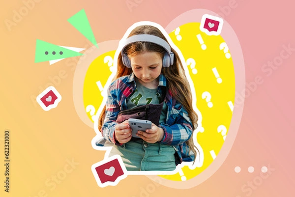 Fototapeta Creative digital collage stylish girl in headphones smartphone using social media listening to music gradient background. Like button Contemporary funky trendy graphic montage illustration urban style