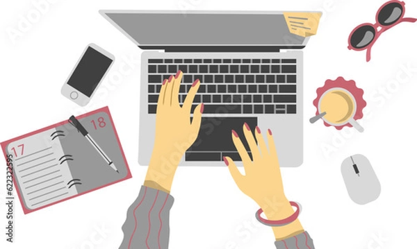 Obraz Top view office desk with laptop workspace equipment and woman hands drawing on transparent background vector