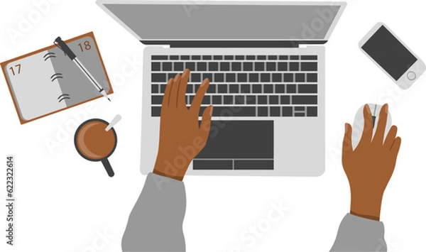 Obraz Top view office desk with laptop workspace equipment and black person hands drawing on transparent background vector