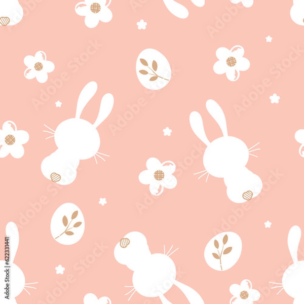 Fototapeta Seamless pattern with bunny rabbit cartoons, Easter egg and cute flower on orange background.