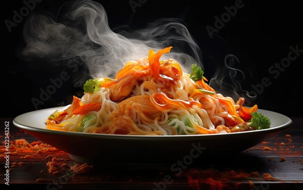 Fototapeta Dish with noodles, chicken, and carrots in a bowl created with Generative AI technology