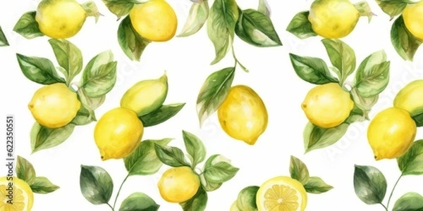 Fototapeta Fresh Organic Lemon Fruit Background, Horizontal Watercolor Illustration. Healthy Vegetarian Diet. Ai Generated Soft Colored Watercolor Illustration with Delicious Juicy Lemon Fruit.