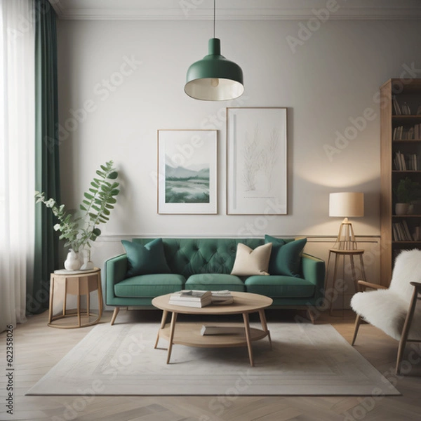 Obraz Elegant and comfortable designed living room with big corner sofa. Interior design modern apartment. Generative AI.