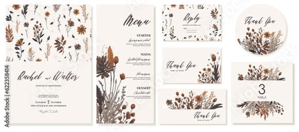 Fototapeta Big set for wedding celebration with autumn leaves and branches. Invitations, thank you cards, tag, sticker, table number and menu card. Vector