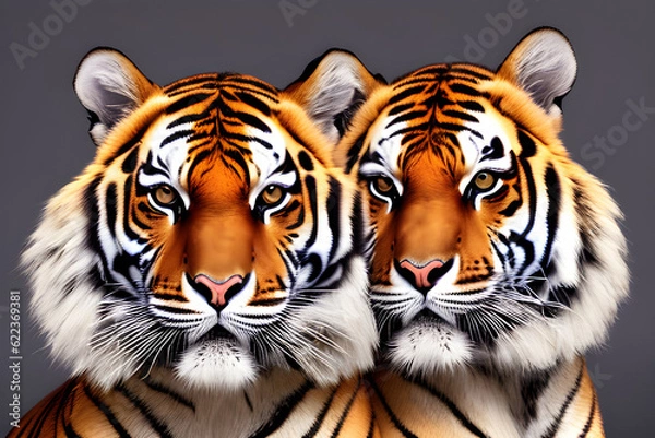 Fototapeta Portrait of two tigers in fashion magazine style. Generative AI