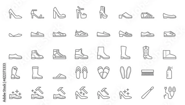 Fototapeta Shoe line icon set. High heels sandal, cowboy boots, hiking footwear, sneakers, slipper, moccasin, loafer minimal vector illustrations. Simple outline signs for fashion application. Editable Stroke