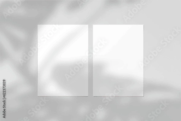 Fototapeta Two Blank Mockup A4 Paper Leaflet, Flyer, Broadsheet, Follicle, Presentation with Leaf Shadow overlay. 3D Vector Illustration Isolated On White Background.