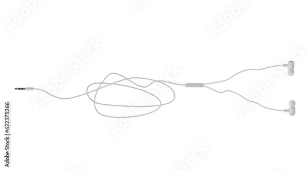 Fototapeta White wired vacuum earphones isolated on white and transparent background. Minimal concept. 3D render