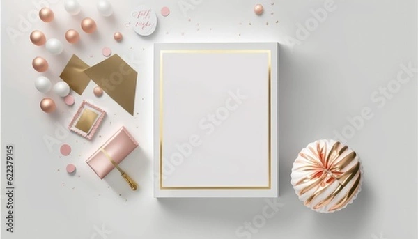 Fototapeta AI-generated illustration of a composition with a blank frame and pastel-colored decorations.