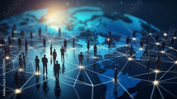 Fototapeta Global business structure of networking. Analysis and data exchange customer connection, HR recruitment and global outsourcing, Customer service, Teamwork, Strategy, Generative Ai