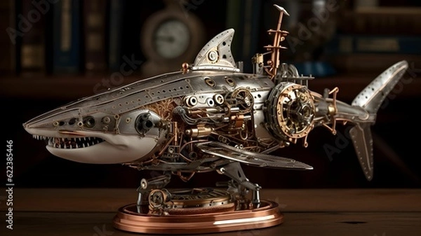 Fototapeta AI generated illustration of a metallic robotic shark figure with intricate gears and cogs