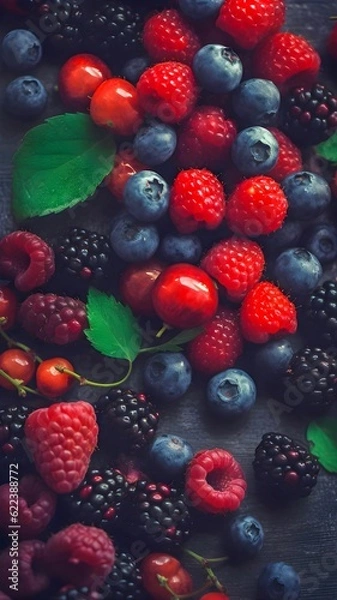 Fototapeta AI generated digital art of a bunch of different fresh berries with leaves on them