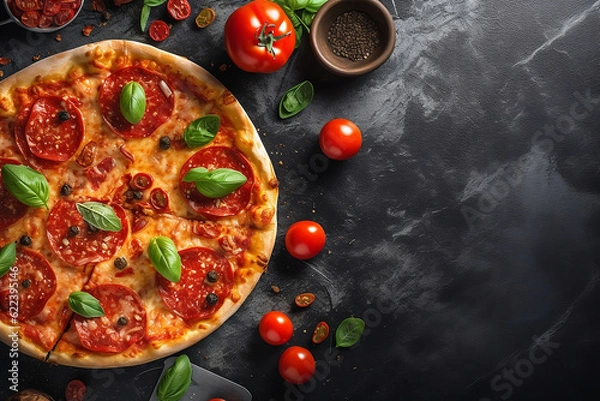 Obraz Pepperoni pizza with basil tomatoes spices on black concrete background, pizza cooking ingredients, copy space, top view, view from above, flat lay, banner, menu, pizzeria, restaurant. generative ai