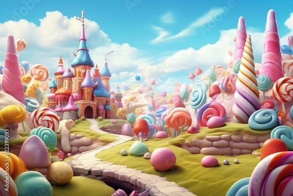 Fototapeta Land of giant candy, fantasy world with castle and trees made of candy, candies and colorful lollipops, Generative AI