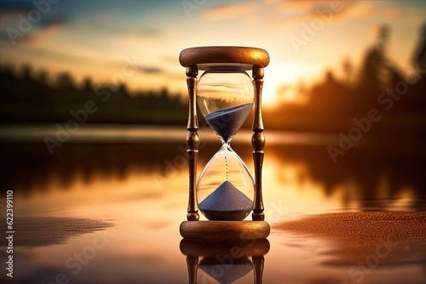 Fototapeta Hourglass on the shore of lake with blurred landscape in the background, concept of patience and the importance of waiting for the right moment, Generative AI