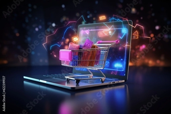 Fototapeta Shopping cart with products on top of laptop keyboard, concept of e-commerce integration and online marketing strategies, Generative AI