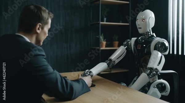 Fototapeta Man human sitting with robot behind the table, shaking hands, on job interview or negotiations with artificial intelligence. Cooperation, collaboration or partnership between human and robot concept.