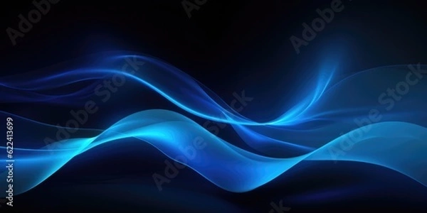 Fototapeta Abstract blue swirl wave on black background. Flow liquid lines design elemen, generative ai