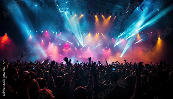 Fototapeta  An electrifying concert scene captured from the perspective of the audience, showcasing a packed medium - sized venue with a stage illuminated by bright lights.