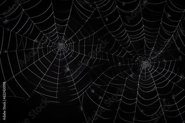 Fototapeta Real creepy spider webs silhouette isolated on black banner panorama | Generative AI