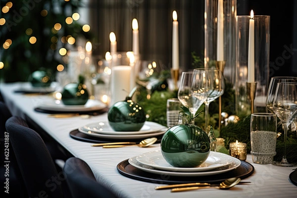 Fototapeta Christmas Dinner, Green Winter Table Decoration for Christmas, Beautiful and Festive Interior at Home - Generative Ai