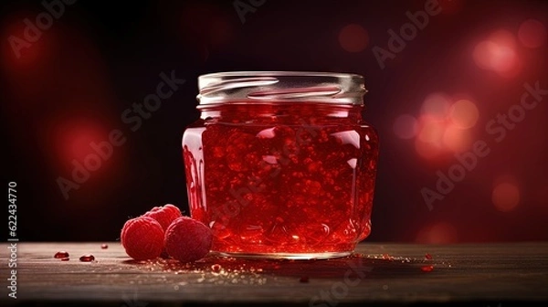 Fototapeta  a jar filled with red liquid next to two raspberries.  generative ai