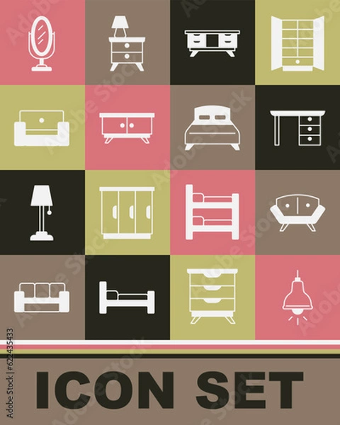 Fototapeta Set Lamp hanging, Sofa, Office desk, TV table stand, Furniture nightstand, Armchair, Mirror and Big bed icon. Vector