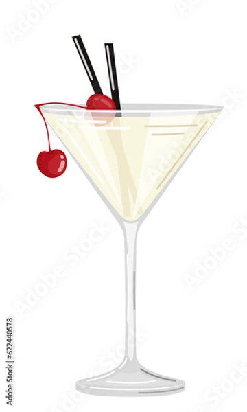 Fototapeta Vector illustration of a white cocktail with cherries on a white background in a flat style. Suitable for menu design, food stickers, scrapbooking.