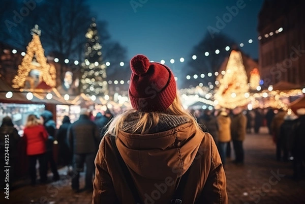 Fototapeta woman enjoying the view of the christmas fair at night in the city at xmas eve, generative ai