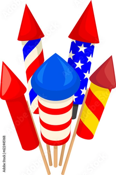 Fototapeta Vector illustration of a variety of rocket type fireworks in various colors and patterns.