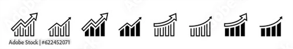 Obraz Growing graph icon set in line style. Business chart with arrow, Growths chart, Profit growing, Growth success, Chart increase simple black style symbol sign for apps and website, vector illustration.