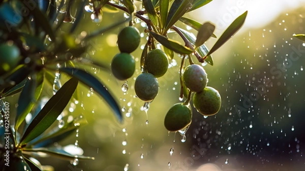 Fototapeta Branches with olives on a tree under the rain and sun.Generative AI