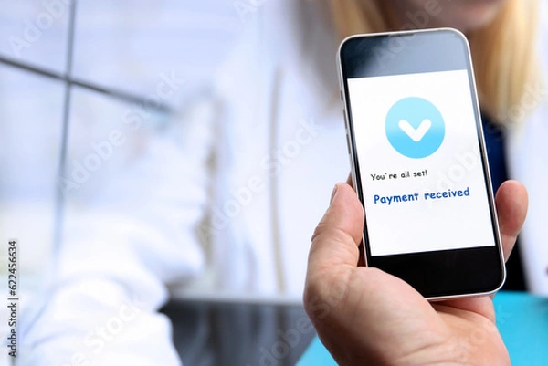Fototapeta Business persons working  together in the office. Businessman showing a mobile phone with  a statement that payment received.