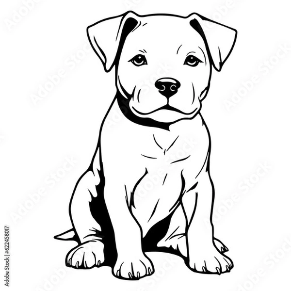 Obraz Kreskówka urocza kolorowanka szczeniaka dla dzieci. Szczeniak. American Pit Bull Terrier. Czarno -biały wektor ilustracja do kolorowanki