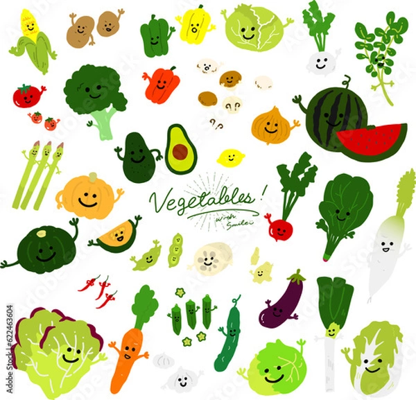 Obraz 顔のついた手描き野菜キャラクターのアイコンイラスト。ベクターは手の位置が変更できます。