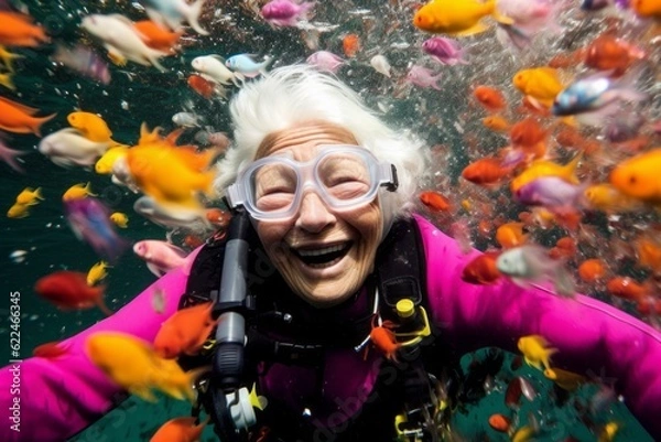 Fototapeta Old female diver enjoys the underwater world. Portrait with selective focus and copy space