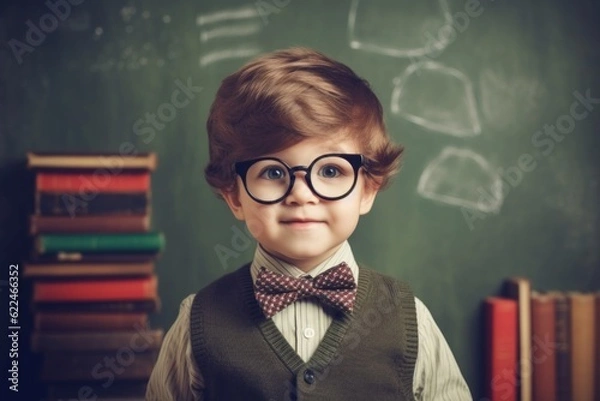 Fototapeta The boy answers at the blackboard in the classroom. Back To School concept. Background with selective focus