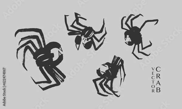 Obraz Vector set of images of crabs in traditional oriental style. Calligraphy, ink, brush, sketch, doodle. Black on grey. China, Japan. Restaurant, cafe, fish market, menu. Eps10