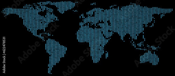 Fototapeta Abstract world map out of light blue squares, colored globe map, realistic illustration with all the continents and oceans, graphic design atlas, planet earth map, isolated on a black background