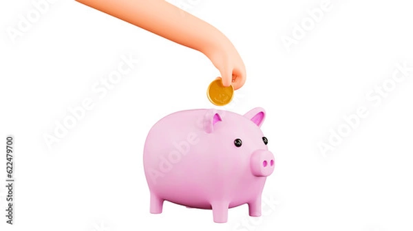 Obraz Cartoon hand puts a coin in a piggy bank, 3d render. Concept of saving money. Pink piggy bank. PNG File