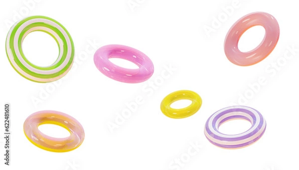 Obraz Inflatable multi colored circles, 3d render. Swimming rings. Vacations  concept. Pool Lifebuoys. Transparent background, PNG file
