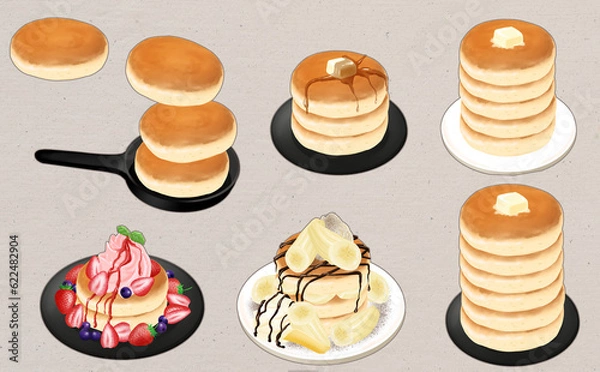 Obraz イラスト素材・パンケーキ6種セット スキレット・いちごパンケーキ グレー背景 色違い・差分あり
