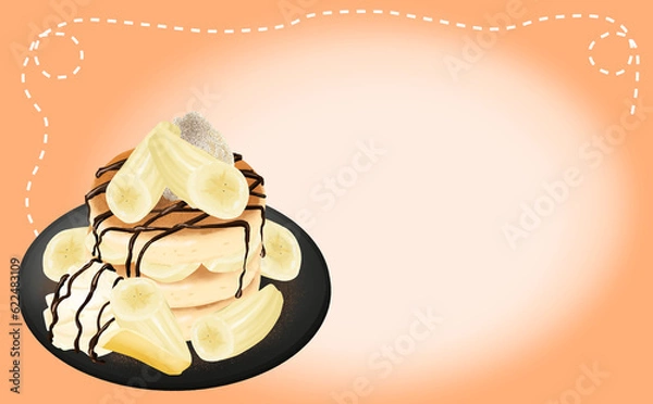 Obraz イラスト素材 チョコバナナパンケーキ・黒皿 オレンジ背景 色違い・差分あり